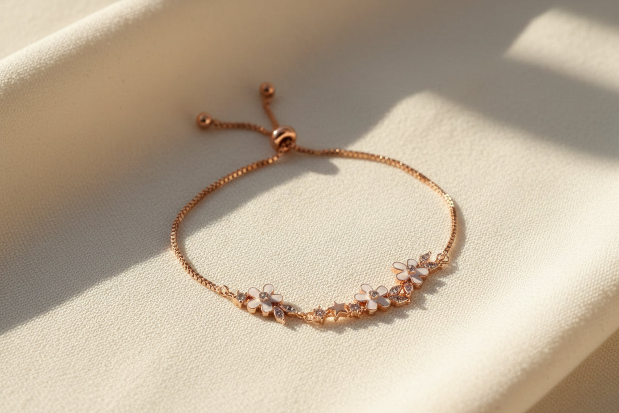 Luxury 92.5 Sterling Silver Rose Gold Floral adjustable Bracelet