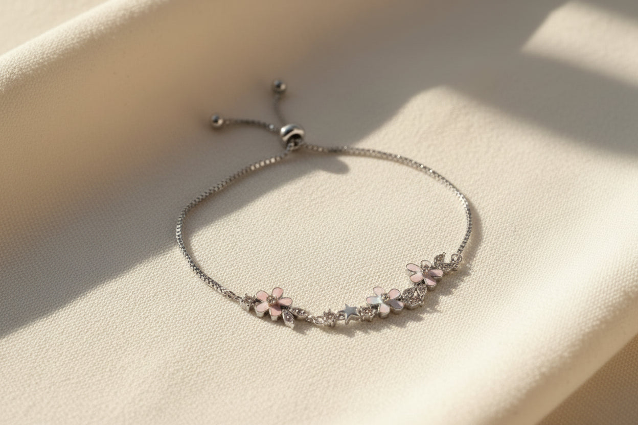 Luxury 92.5 Sterling Silver Rose Gold Floral adjustable Bracelet