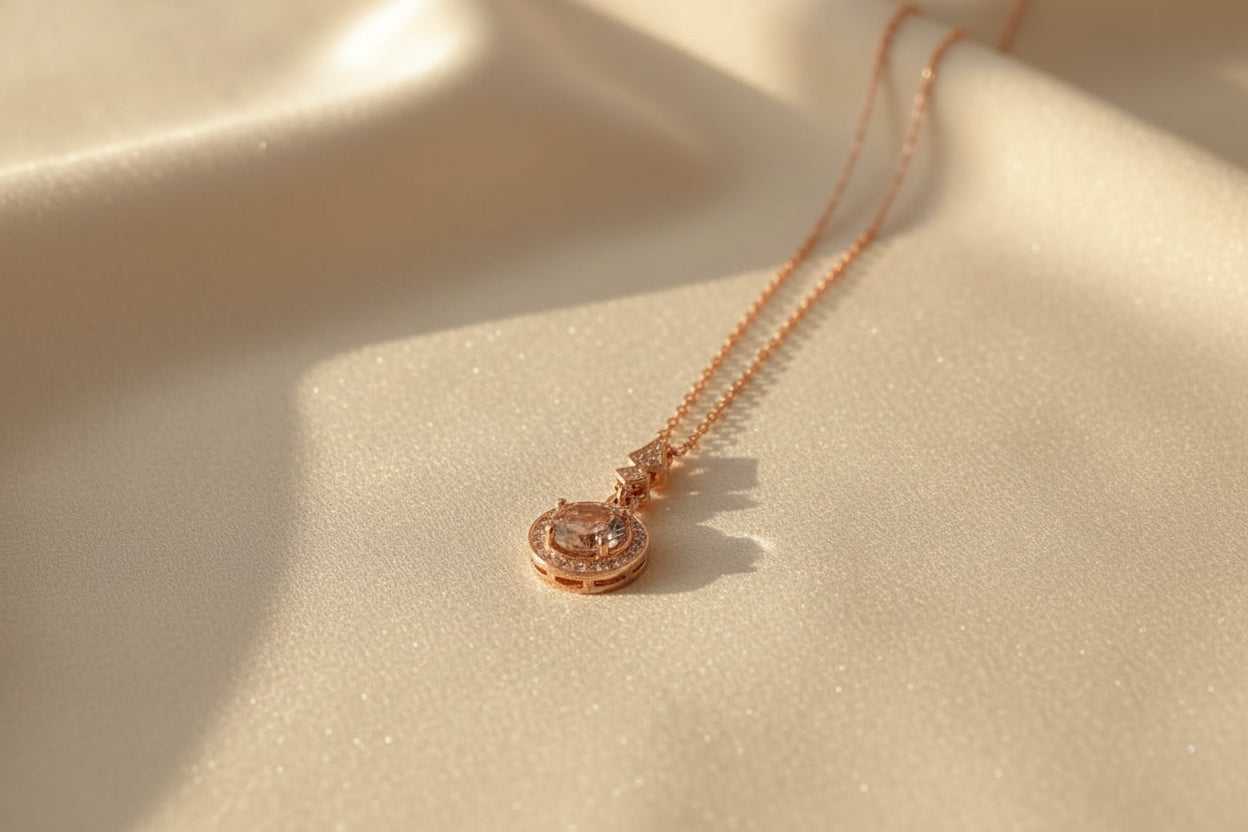 92.5 Sterling Silver Rose Gold Halo Pendant Chain