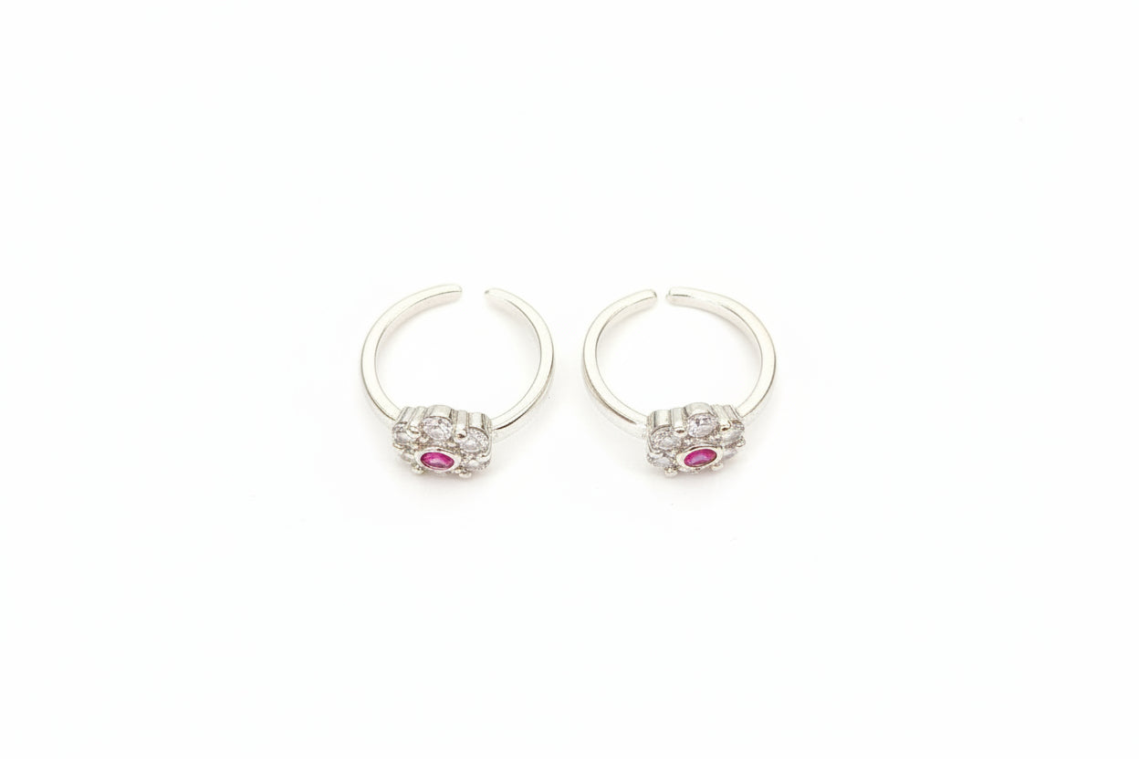 Adjustable 92.5 Sterling Silver  Ruby Pink & White Stones Toe Rings