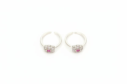 Adjustable 92.5 Sterling Silver  Ruby Pink & White Stones Toe Rings