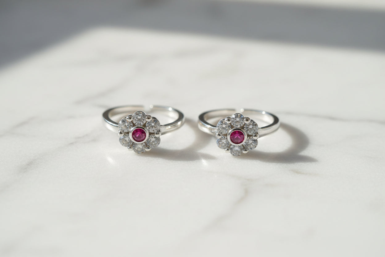 Adjustable 92.5 Sterling Silver  Ruby Pink & White Stones Toe Rings