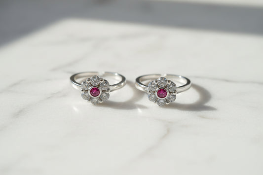 Adjustable 92.5 Sterling Silver  Ruby Pink & White Stones Toe Rings