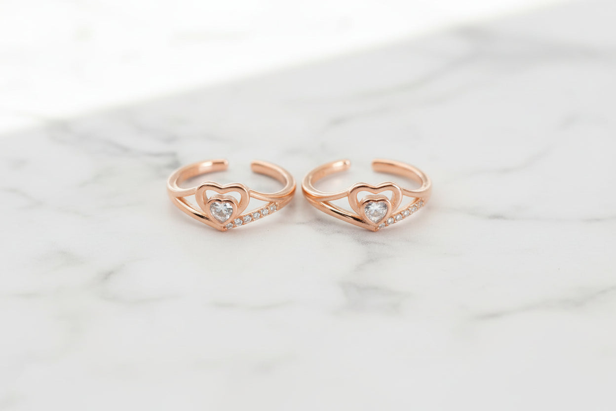 Adjustable 92.5 Sterling Silver Rose Gold Heart Toe Rings
