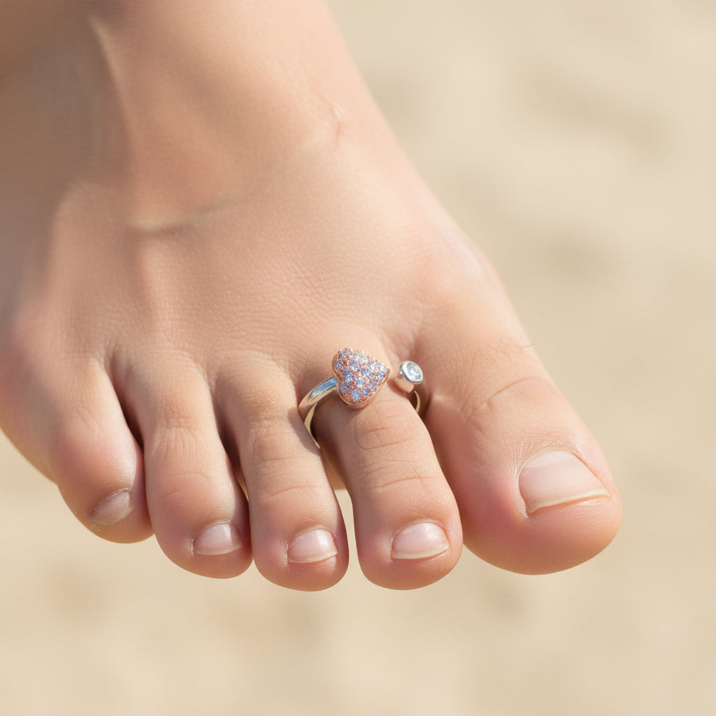 Adjustable 92.5 Sterling Silver Two-Tone Heart Bypass Toe Rings