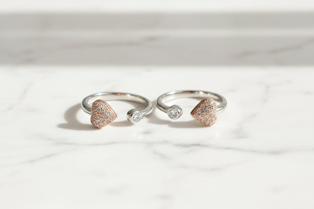 Adjustable 92.5 Sterling Silver Two-Tone Heart Bypass Toe Rings