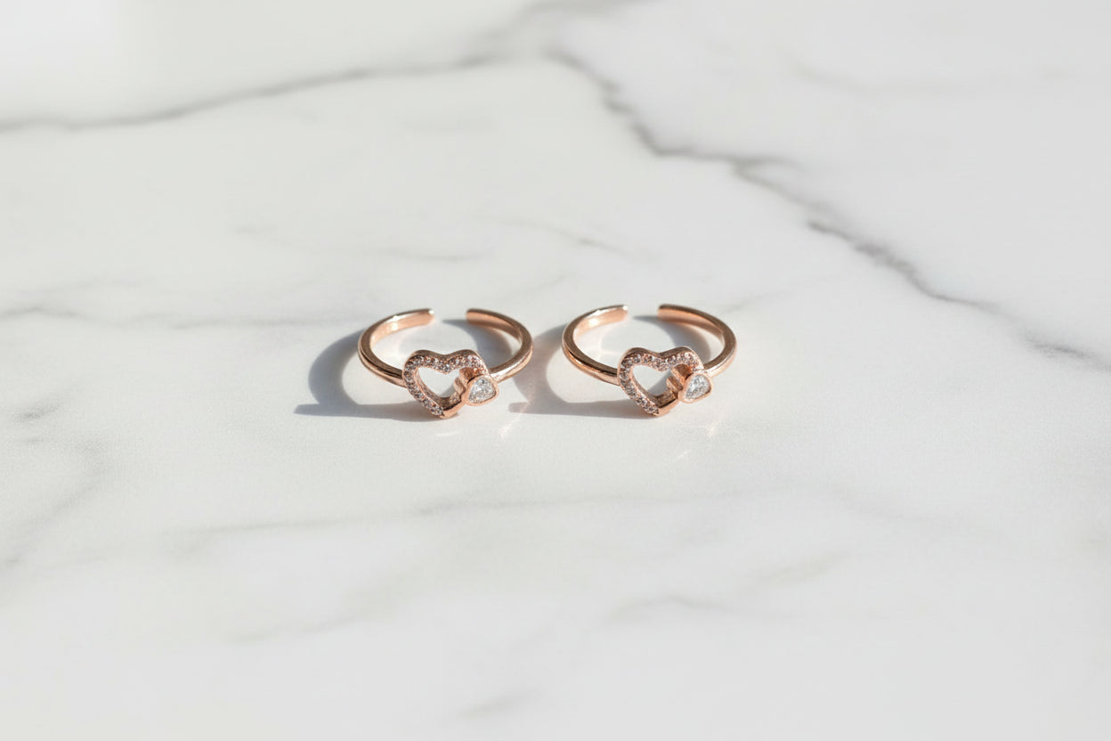 Adjustable 92.5 Sterling Silver Rose Gold Open Heart Toe Rings