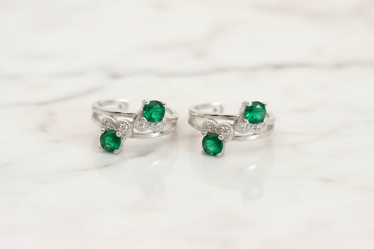 Adjustable 92.5 Sterling Silver Green Stone Toe Rings