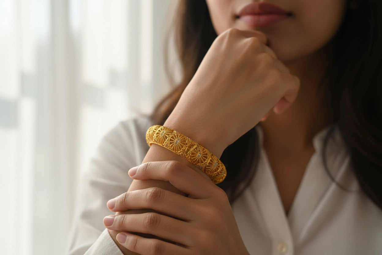 Luxury 92.5 Sterling Silver Gold Plated Nakshi Mesh Bangle Set