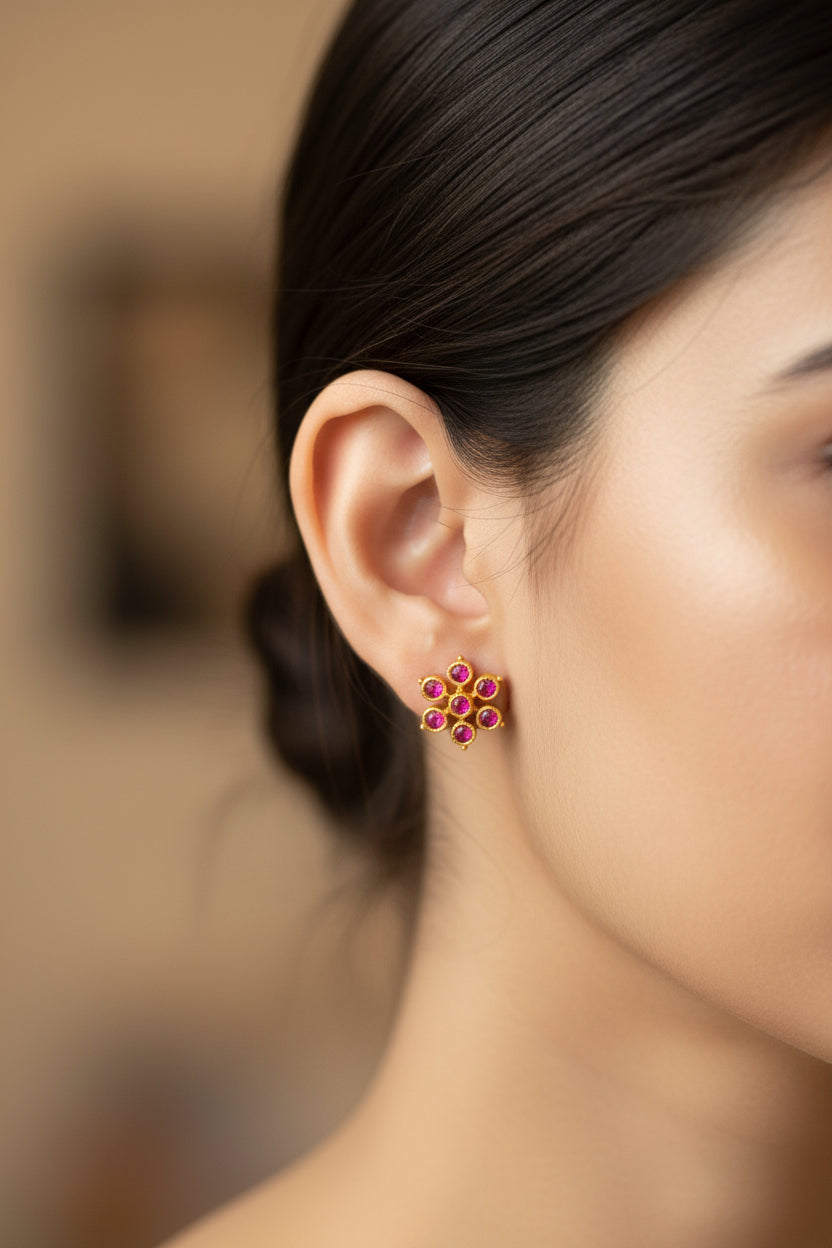 Gold Plated 92.5 Sterling Silver Floral Stud Earrings with Vibrant Ruby Pink Stones