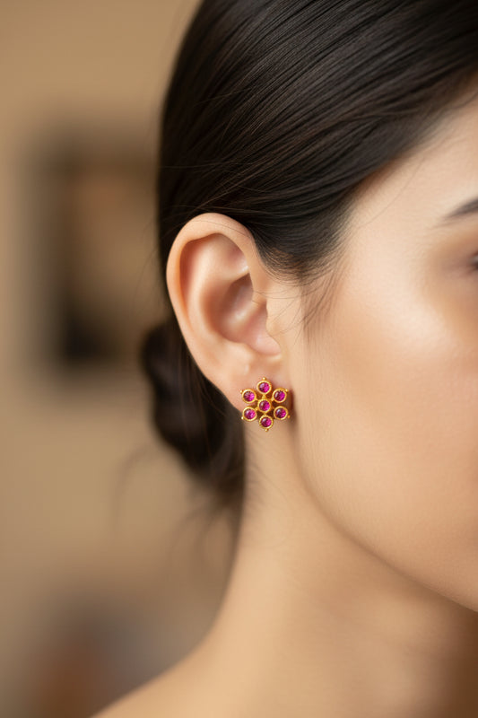Gold Plated 92.5 Sterling Silver Floral Stud Earrings with Vibrant Ruby Pink Stones