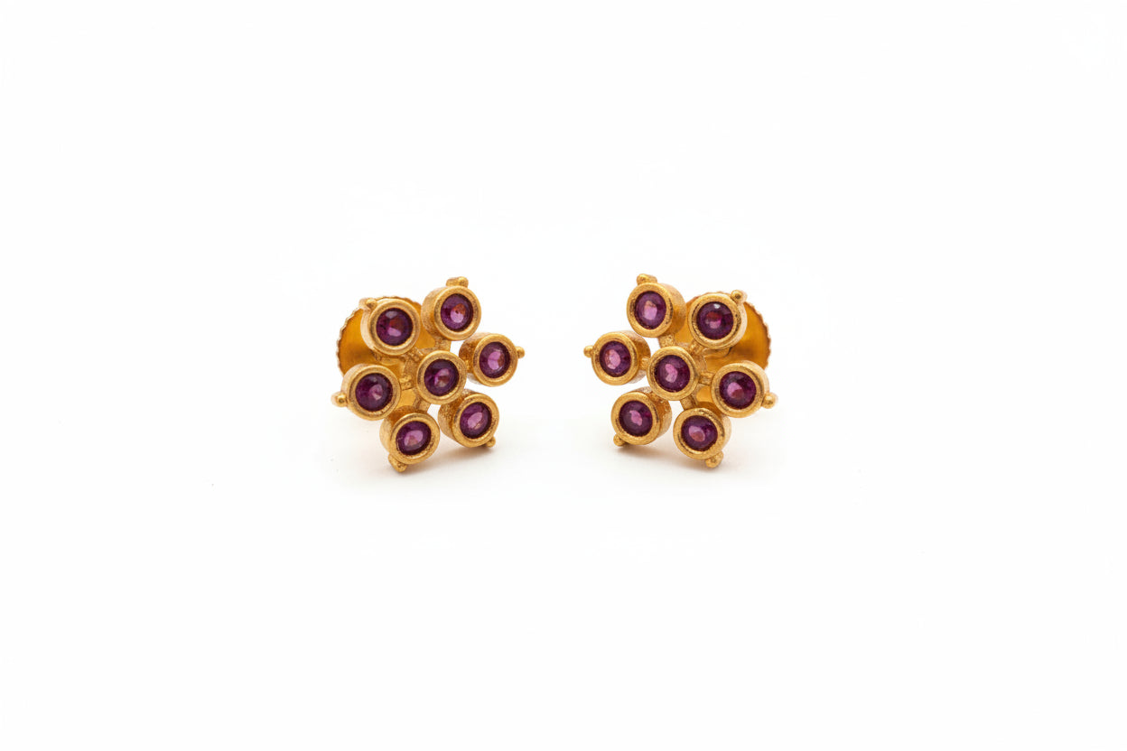 Gold Plated 92.5 Sterling Silver Floral Stud Earrings with Vibrant Ruby Pink Stones