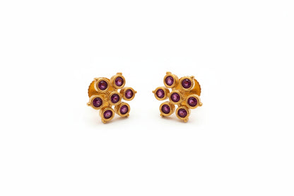 Gold Plated 92.5 Sterling Silver Floral Stud Earrings with Vibrant Ruby Pink Stones
