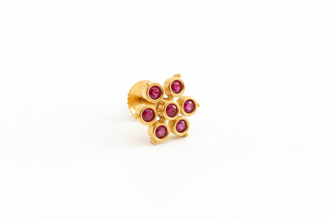 Gold Plated 92.5 Sterling Silver Floral Stud Earrings with Vibrant Ruby Pink Stones