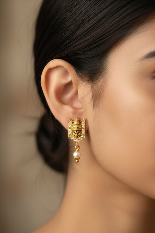 Gold Plated 92.5 Sterling Silver Divine Balaji Earrings with Pearl Drop