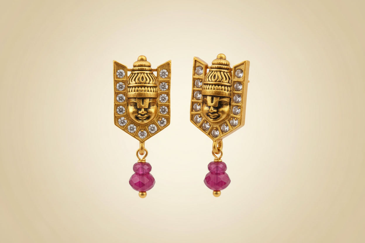 Gold Plated 92.5 Sterling Silver Divine Balaji Earrings with Pearl Drop