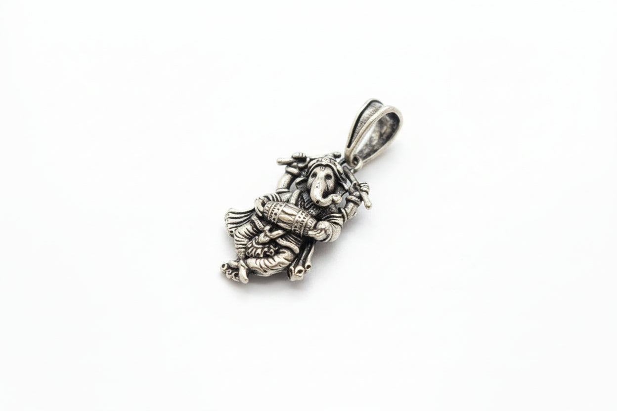 Pure 92.5 Silver Musical Ganesha Pendant with Dholak