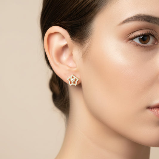 Gold Plated 92.5 Sterling Silver Celestial Star-in-Star Pavé Stud Earrings