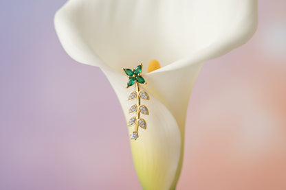 Gold Plated 92.5 Sterling Silver Emerald Floral Vine Long Drop Earrings