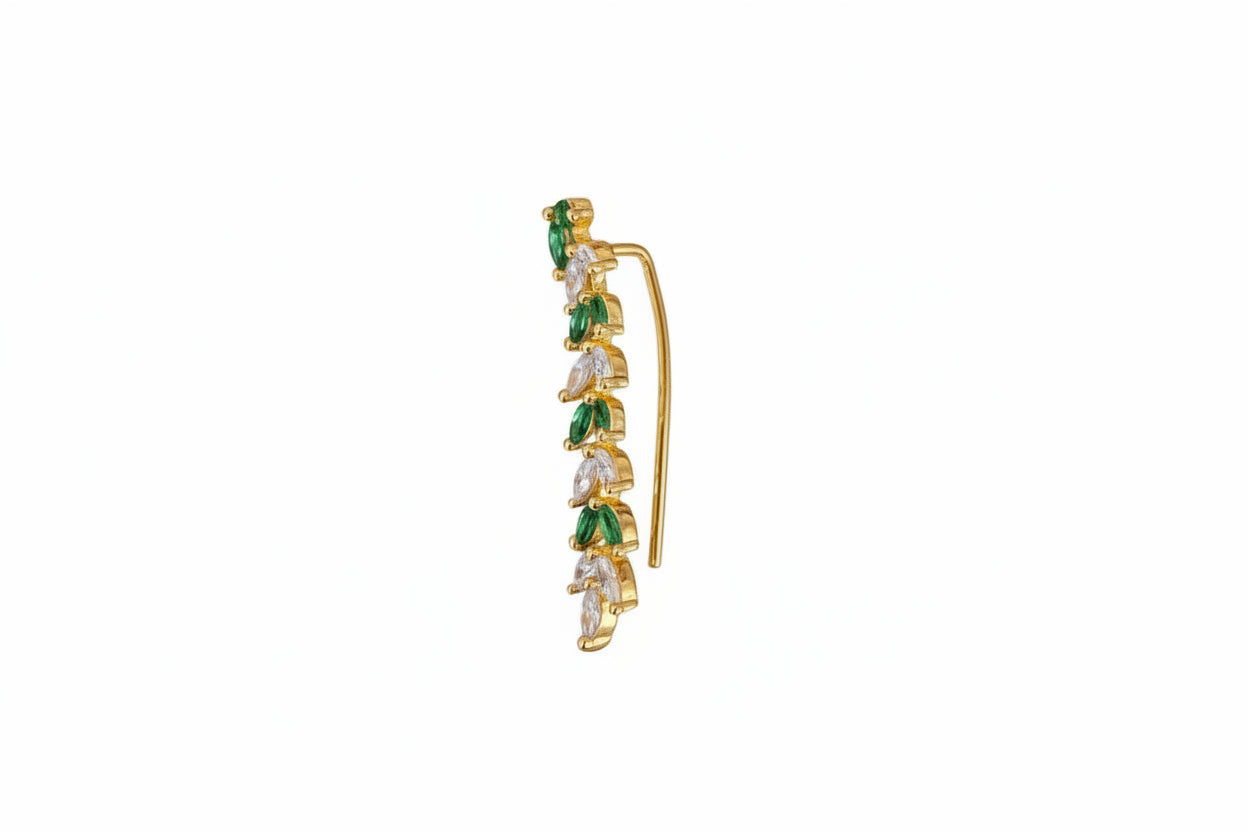 Gold Plated 92.5 Sterling Silver Emerald and White Zirconia Leafy Vine Drop Earrings