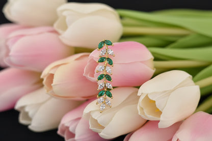 Gold Plated 92.5 Sterling Silver Emerald and White Zirconia Leafy Vine Drop Earrings