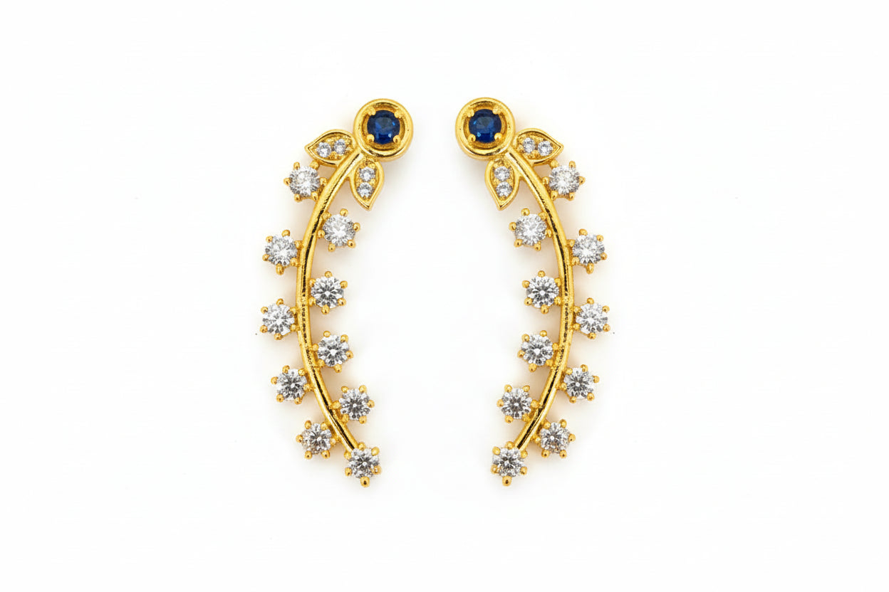 Gold Plated 92.5 Sterling Silver Blue Sapphire-Tone Vine Ear Crawlers