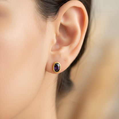 Gold Plated 92.5 Sterling Silver Oval Amethyst-Tone Stud Earrings