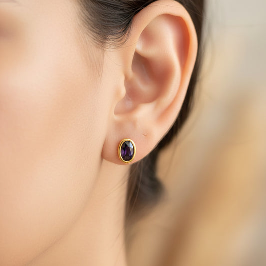 Gold Plated 92.5 Sterling Silver Oval Amethyst-Tone Stud Earrings