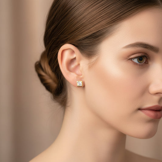 Gold Plated 92.5 Sterling Silver Square Solitaire Stud Earrings