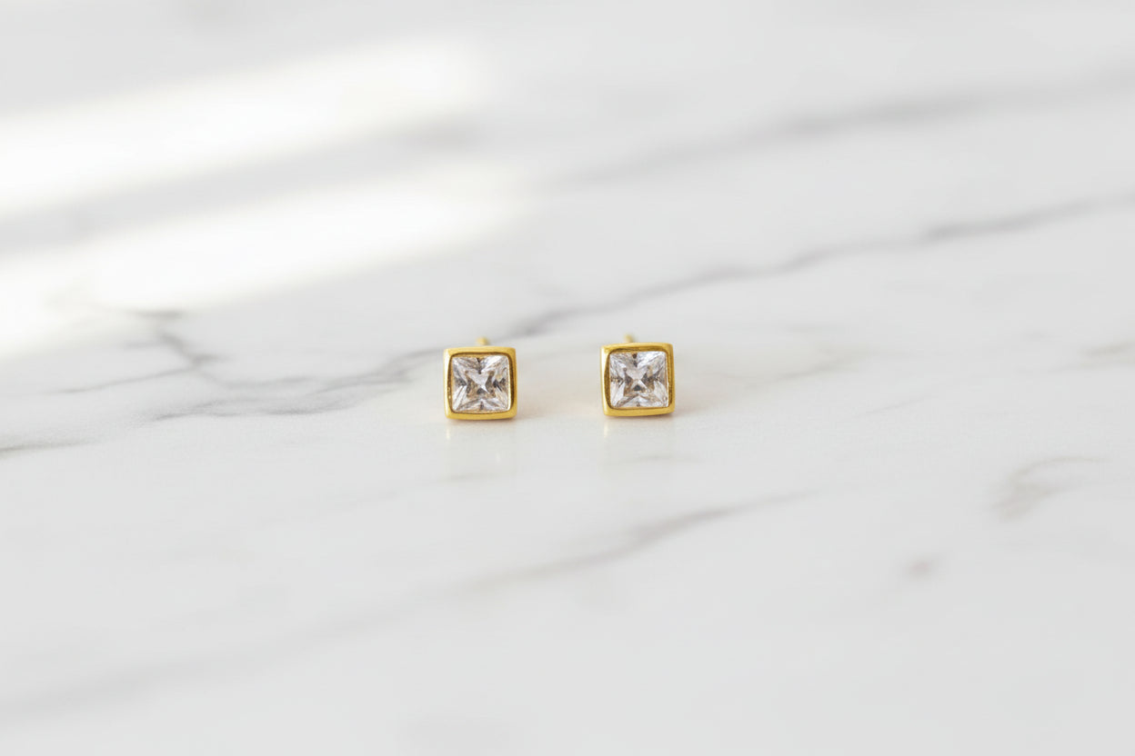 Gold Plated 92.5 Sterling Silver Square Solitaire Stud Earrings