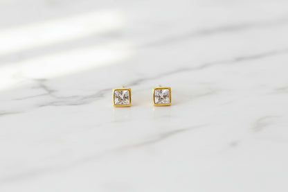 Gold Plated 92.5 Sterling Silver Square Solitaire Stud Earrings
