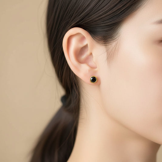 Gold Plated 92.5 Sterling Silver Round Black Onyx-Tone Stud Earrings