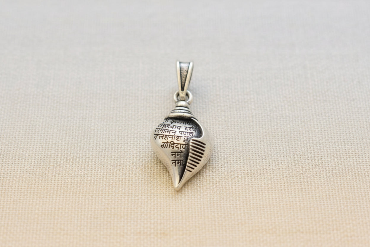 92.5 Sterling Silver Shankh Pendant with Krishna Mantra