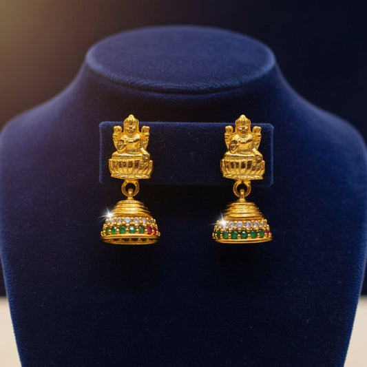 Pure 92.5 Silver Gold Plated Goddess Jhumka Earrings with Green & Ruby Stone Detailing