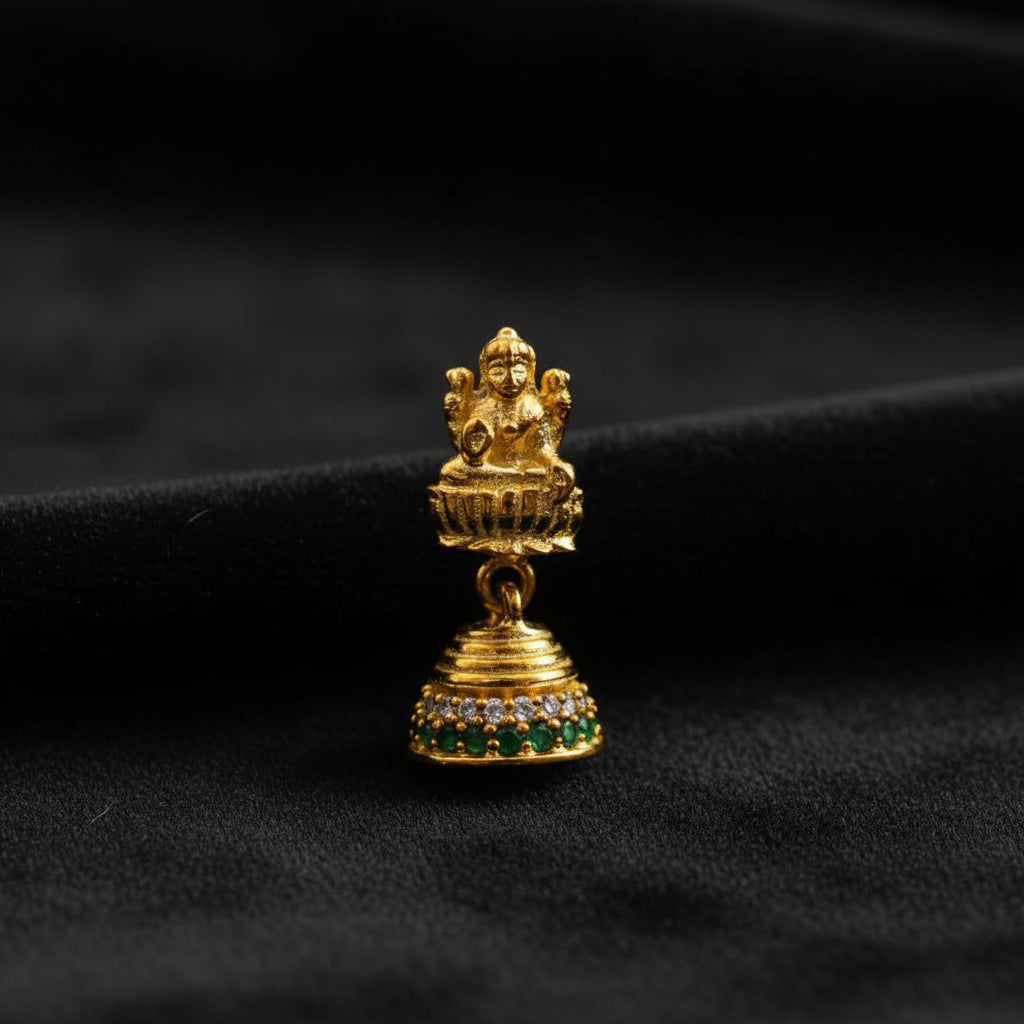 Pure 92.5 Silver Gold Plated Goddess Jhumka Earrings with Green & Ruby Stone Detailing
