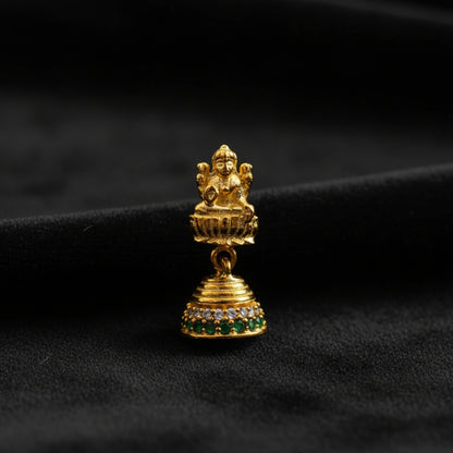 Pure 92.5 Silver Gold Plated Goddess Jhumka Earrings with Green & Ruby Stone Detailing