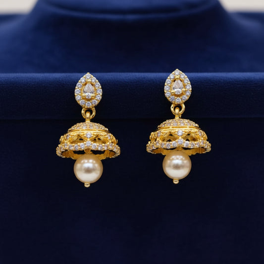 Pure 92.5 Silver Gold Plated Pearl Jhumka Earrings with CZ Stone Detailing