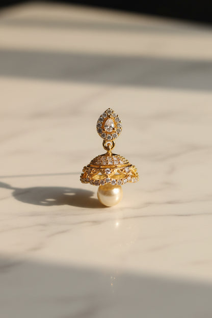 Pure 92.5 Silver Gold Plated Pearl Jhumka Earrings with CZ Stone Detailing