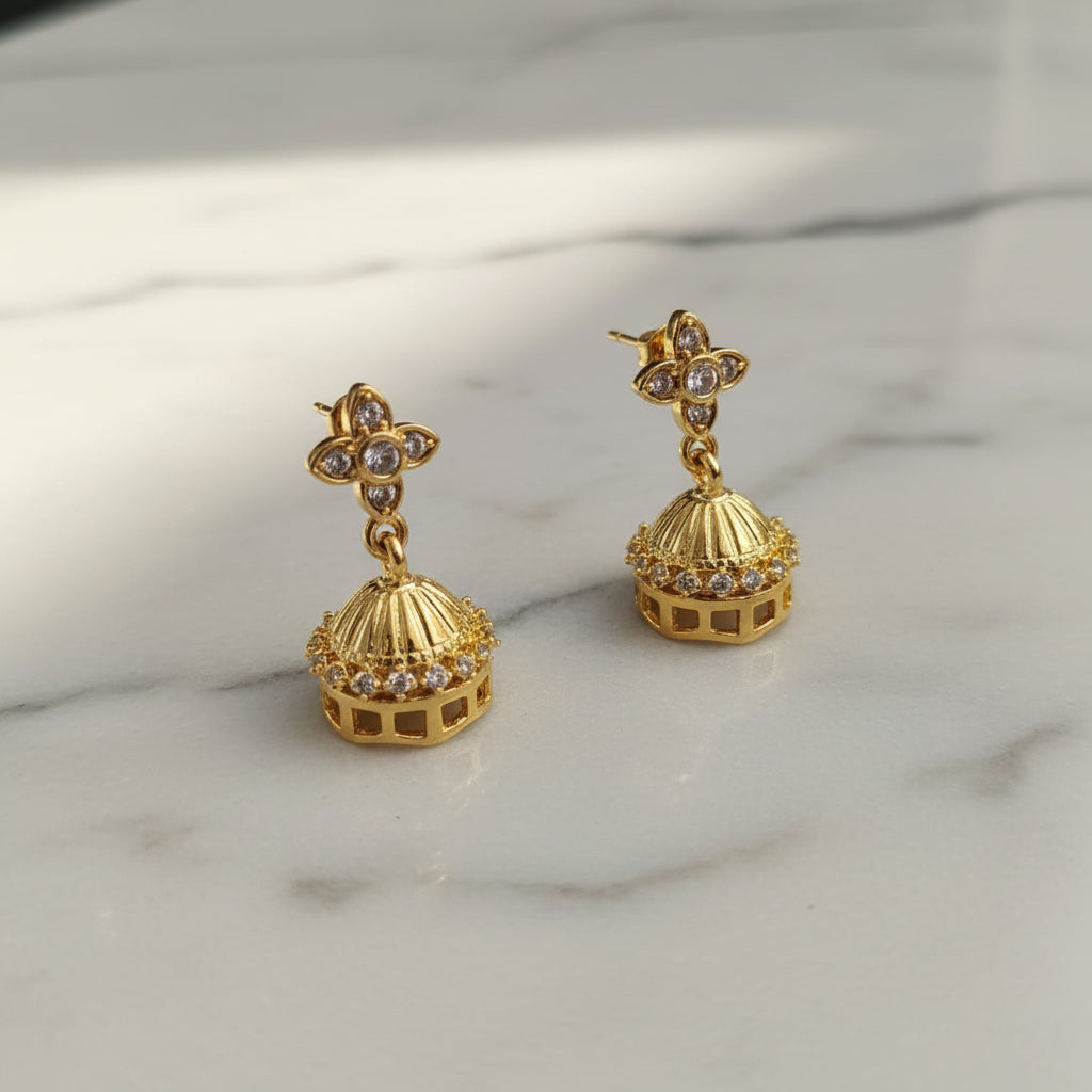 Pure 92.5 Silver Gold Plated CZ Jhumka Earrings – Elegant Traditional Dangler Earrings