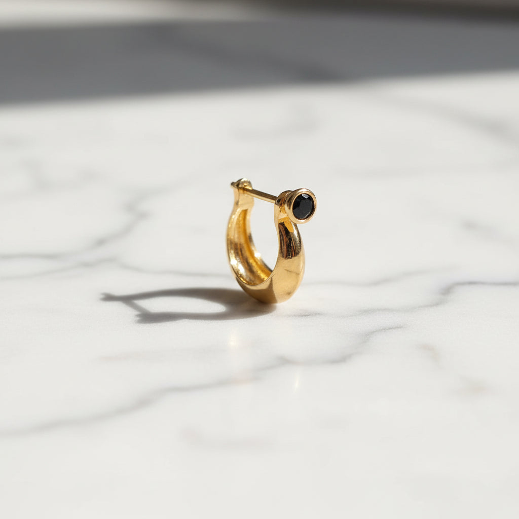 Pure 92.5 Silver Gold Plated Black Stone Hoop Earrings for Women