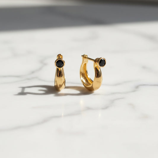 Pure 92.5 Silver Gold Plated Black Stone Hoop Earrings for Women