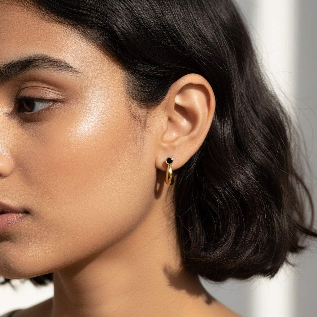 Pure 92.5 Silver Gold Plated Black Stone Hoop Earrings for Women