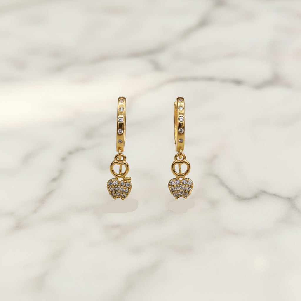 Pure 92.5 Silver Gold Plated CZ Heart Dangle Earrings for Women