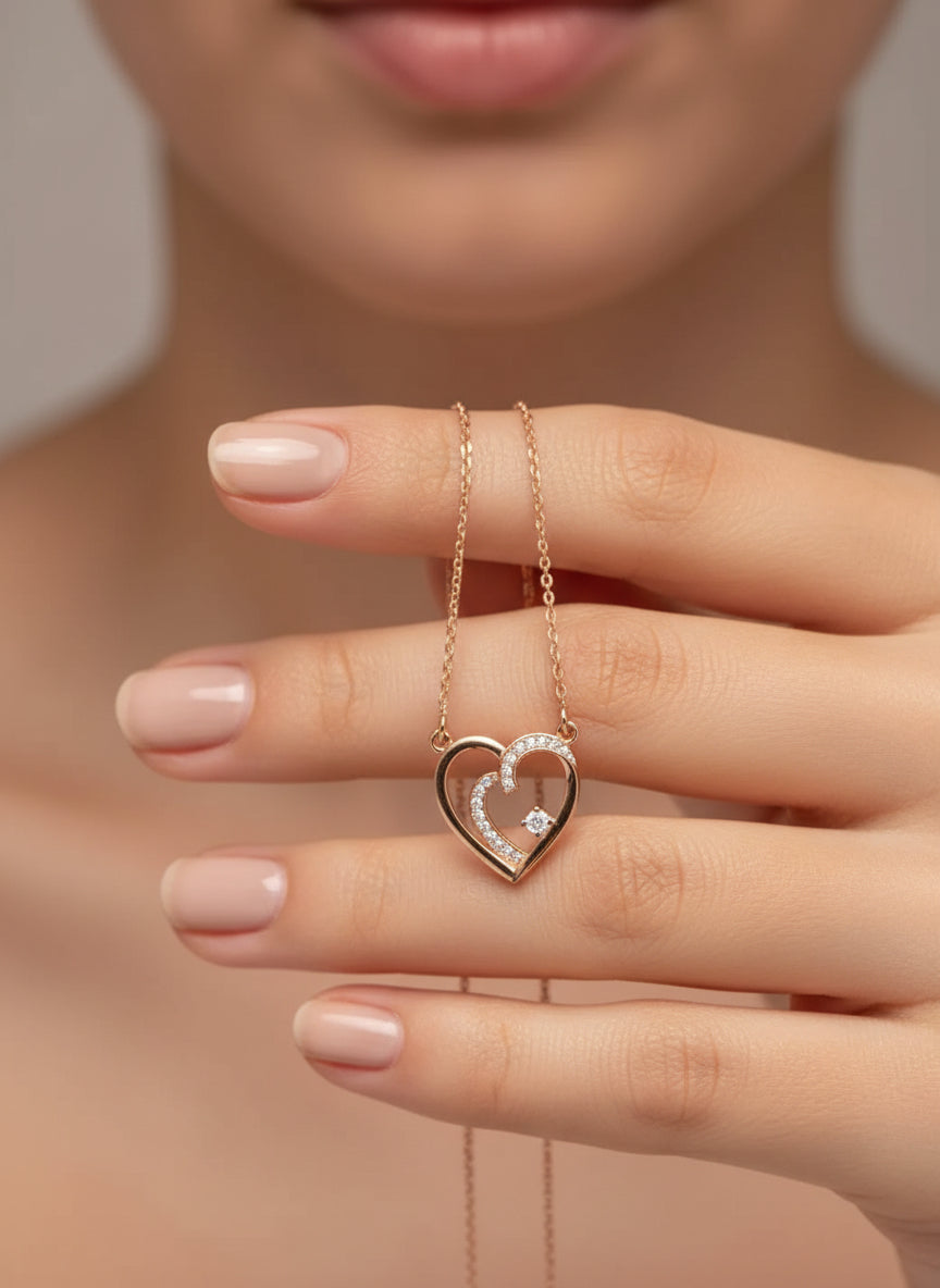 Rose Gold Plated Nested Heart Solitaire CZ Pendant Necklace