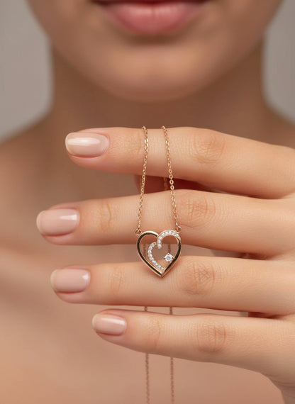 Rose Gold Plated Nested Heart Solitaire CZ Pendant Necklace