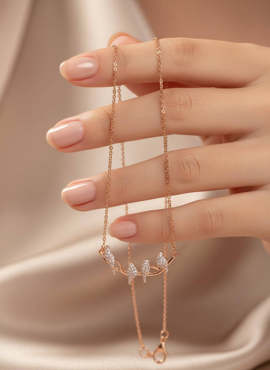 Pure Silver Rose Gold Plated Pave CZ Four Birds On Branch Minimalist Necklace