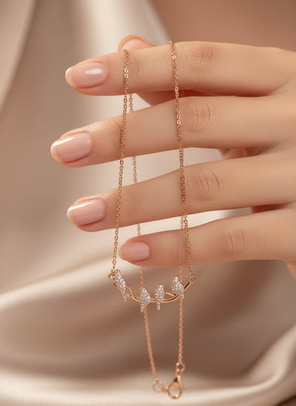 Pure Silver Rose Gold Plated Pave CZ Four Birds On Branch Minimalist Necklace