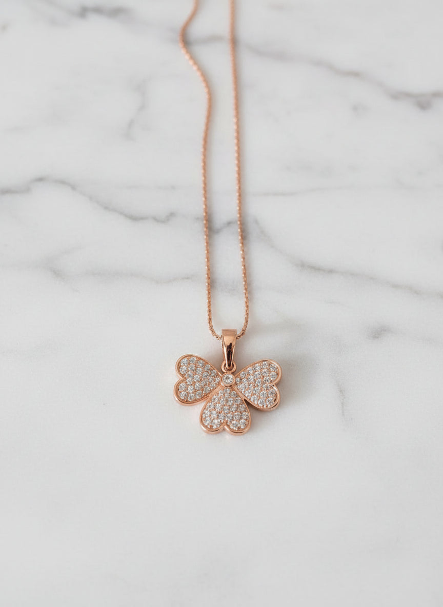Pure Silver Rose Gold Plated Pave CZ Clover Flower Minimalist Pendant Necklace