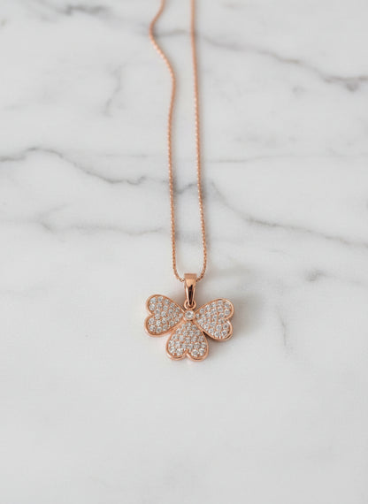 Pure Silver Rose Gold Plated Pave CZ Clover Flower Minimalist Pendant Necklace