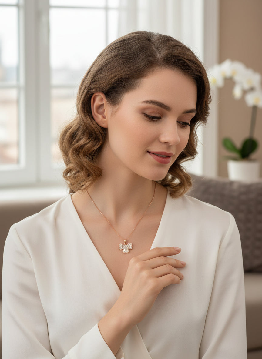 Pure Silver Rose Gold Plated Pave CZ Clover Flower Minimalist Pendant Necklace